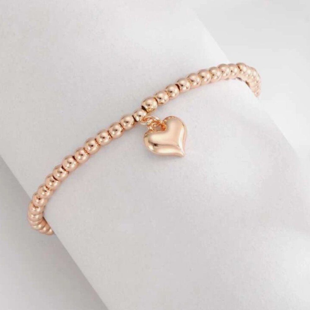 Rose Gold Bead Strech Bracelet Beaded Heart Charm Bracelet Gift For Her - Picture 2 of 3